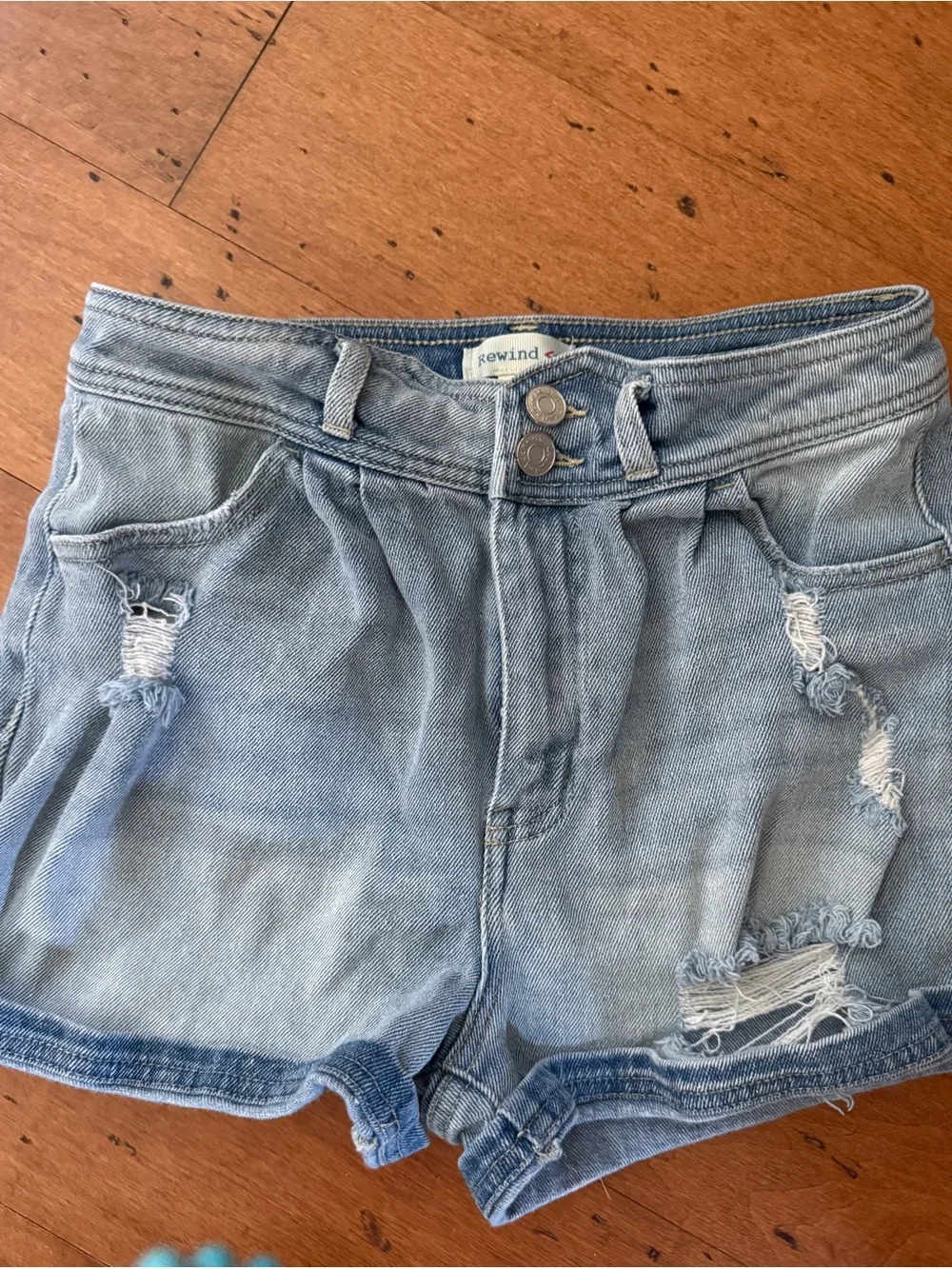 Rewind Light Blue Denim shorts w slight distressing and small hem, sz 5 / 27,guc